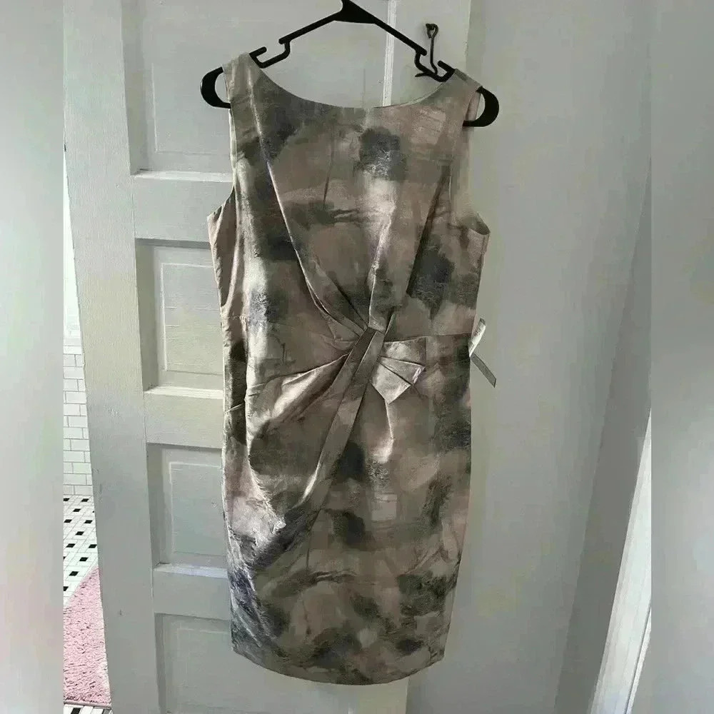 Anne Klein Dress Womens 12 Taupe Gray Metallic Abstract Sheath Sleeveless NWT
